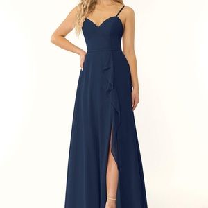 Azazie Naeem NWT A-Line Ruched Chiffon Floor-Length Dress Dark Navy